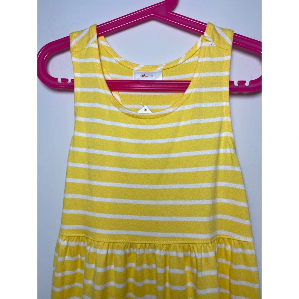 Hanna Andersson Girls Yellow White Striped Tiered Maxi Dress Size 10 140cm NWT